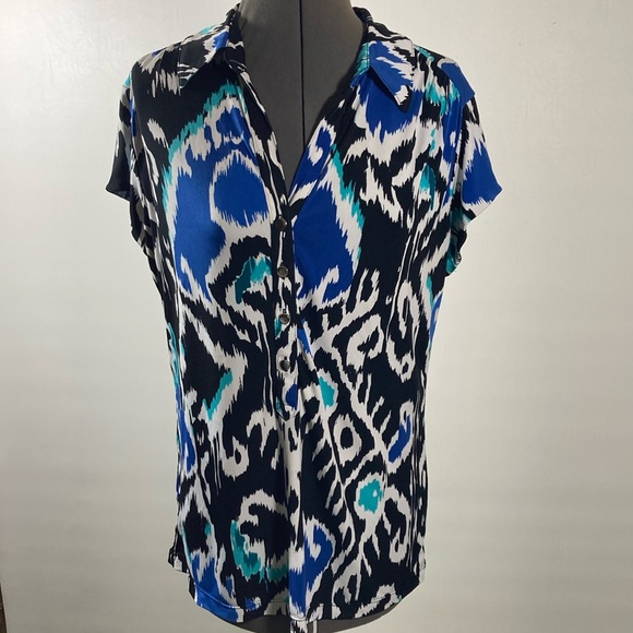 Alfani Tops - Alfani Top/Blouse Women Size XL Black White & Blue Button Placket Cap Sleeve